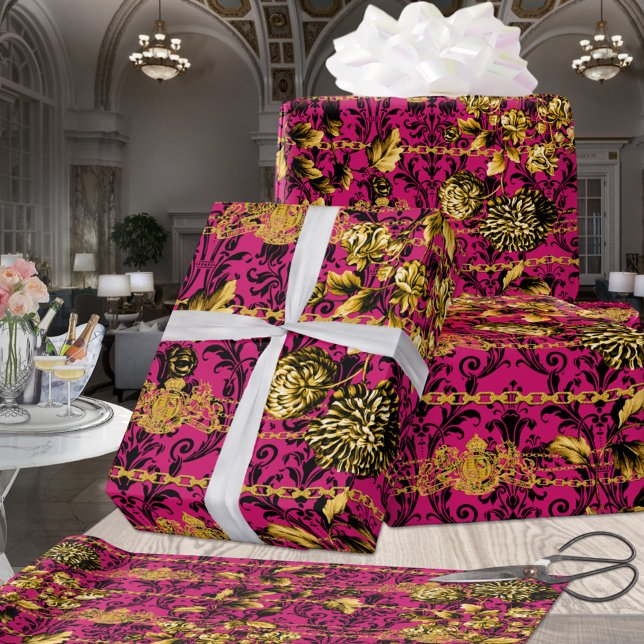 Papier Cadeau Chaîne d'or rose Fuchsia Black Gold Floral Acanthu (Créateur téléchargé)