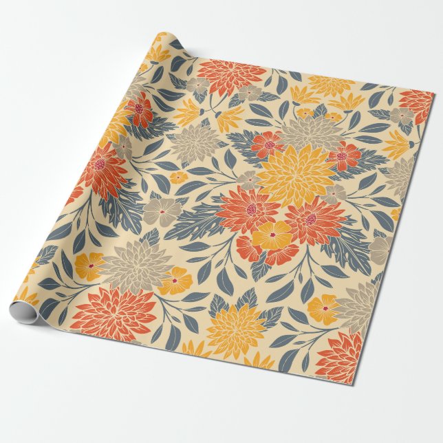 Papier Cadeau Chaleureux Jaune, Orange & Bleu Floral (Déroulé)