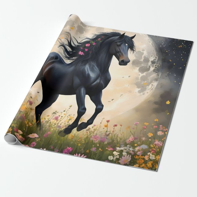 Papier Cadeau Champ de fleur de lune de cheval noir, (Déroulé)