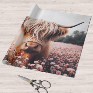 Papier Cadeau Champ de Fleur sauvage écossais Highland Cow