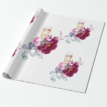 Papier Cadeau Champagne de la Flore magenta avant le Mariage de<br><div class="desc">papier d'emballage mariage ou Fête des mariées. Verre de champagne. Magenta Floral. Élégant. "Avant l'anneau"</div>