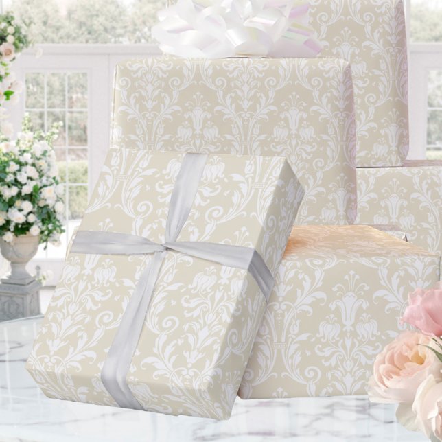 Papier Cadeau Champagne Gold White Damask Mariage élégant (Créateur téléchargé)
