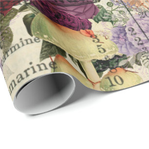 Papier Cadeau Champignons Bois Antique Ephémère Marsala Rouge