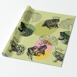 Papier Cadeau Champignons de forêt enchantés et grenouilles sur