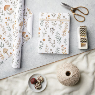 Papier Cadeau Champignons des Bois, Fleurs Sauvages, Botanique F