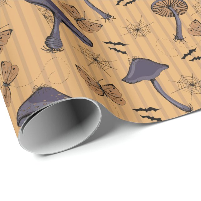 Papier Cadeau Champignons d'Halloween rayé et papillon (Coin rond)