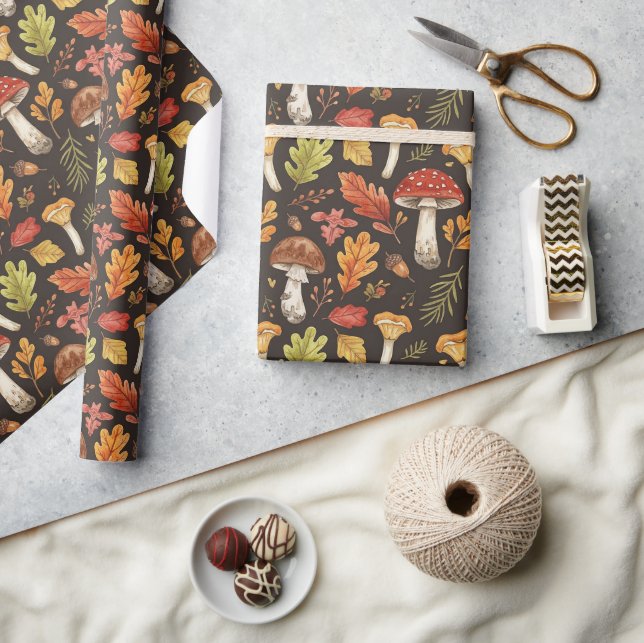 Papier Cadeau Champignons et feuilles automnaux boho fantaisiste (Artisanat)