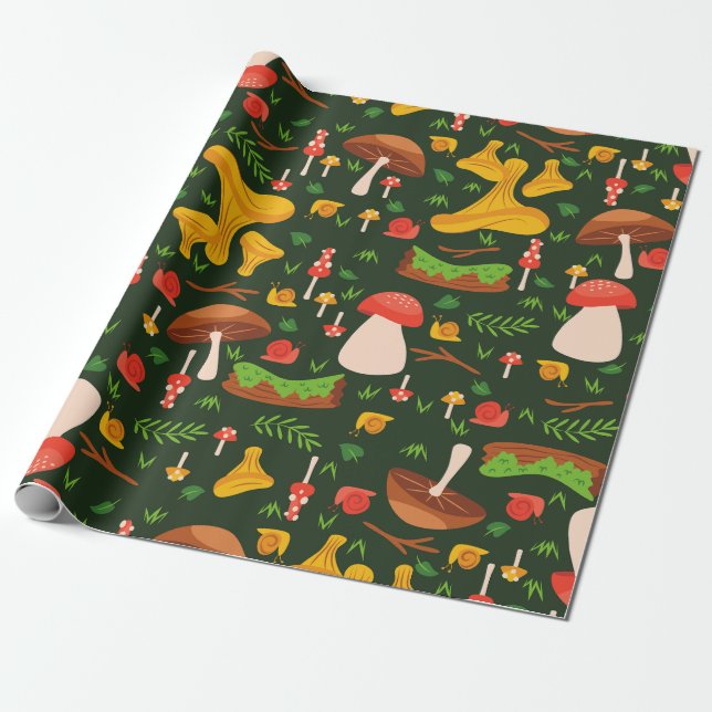 Papier Cadeau champignons fongus forêt escargots forêt vert (Déroulé)