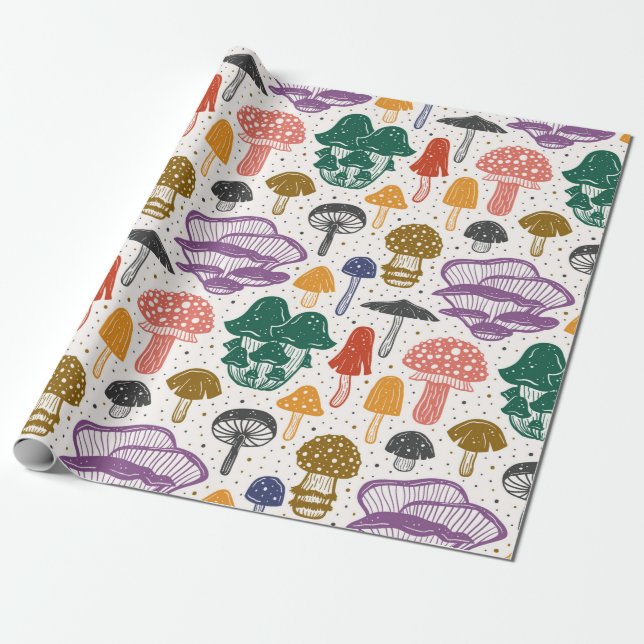 Papier Cadeau Champignons forestiers. Motif, texture, sac (Déroulé)