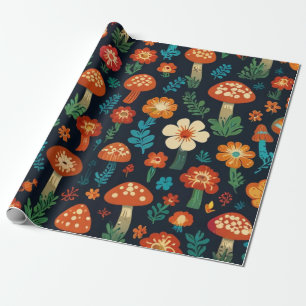 Papier Cadeau Champignons super et Motif de fleurs