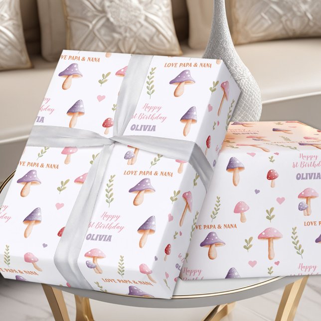 Papier Cadeau Champignons violets roses Nom de l'automne Fille A (Pink Purple Mushrooms Fall Name Girl Birthday Wrapping Paper)
