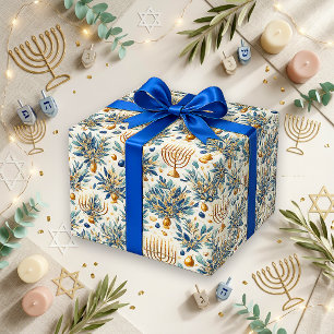 Papier Cadeau Chandelier bleu or en aquarelle Ménorah
