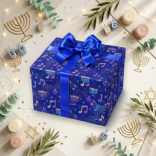 Papier Cadeau Chandelier Menorah Musical Bleu Festif