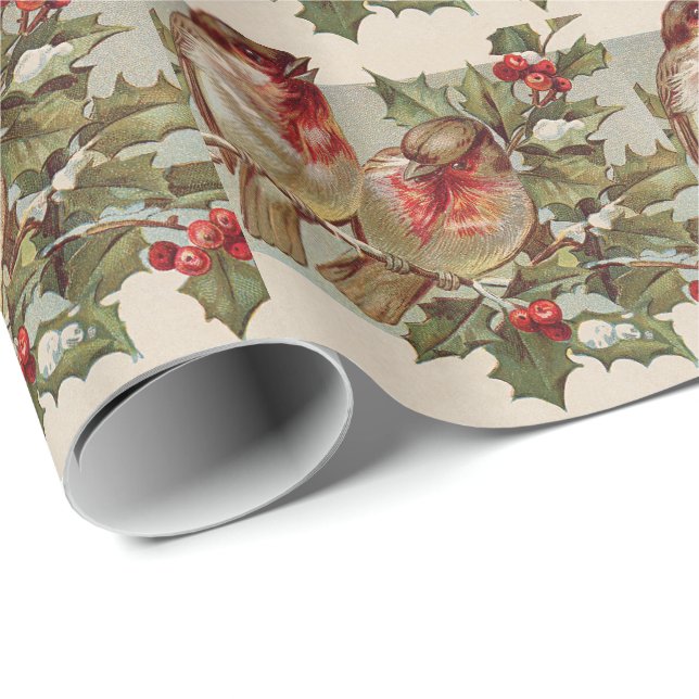 Papier Cadeau Chanson d'oiseau de Noël houx neige (Coin rond)