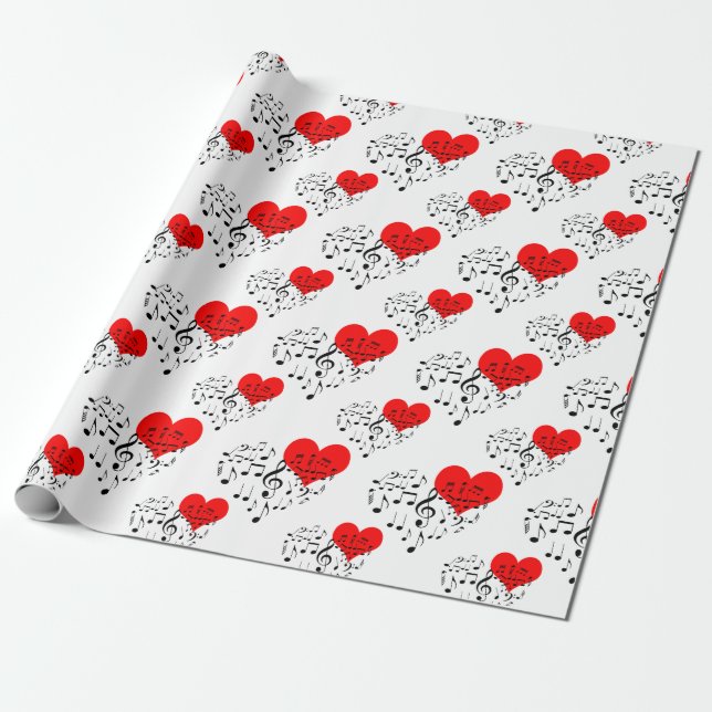 Papier Cadeau Chanter Motif de coeur. Coeurs rouges, notes noire (Déroulé)