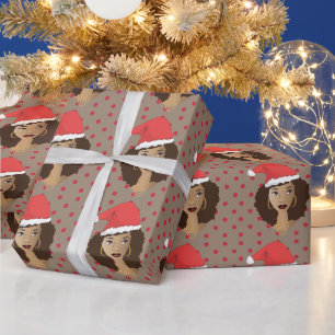 Papier Cadeau Chapeau de Noël, Femme noire, Points rouges, Brow