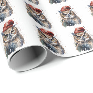 Papier Cadeau Chapeau de Père Noël de chouette aquarelle Noël en