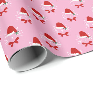 Papier Cadeau Chapeau de Santa rose rouge blanc Nœud Chat Noël