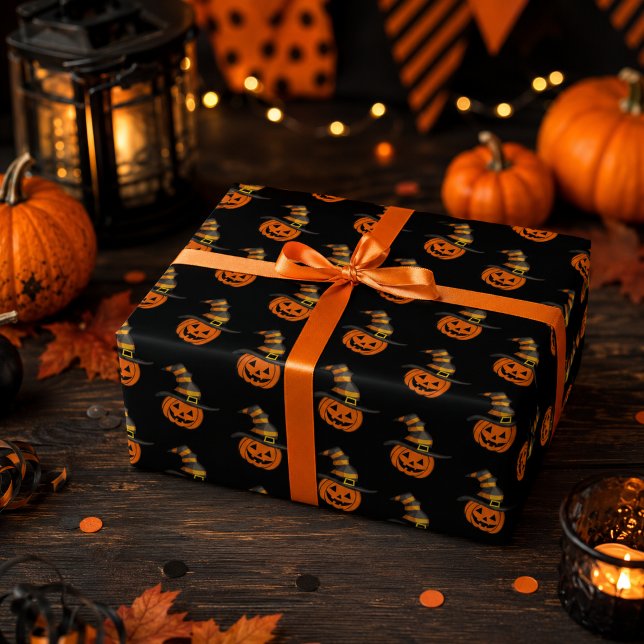 Papier Cadeau Chapeau de sorcière de citrouille effrayant mignon (Créateur téléchargé)