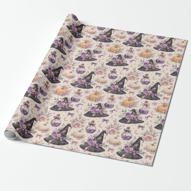 Papier Cadeau Chapeau De Sorcière Potion Citrouille Aquarelle Ca (Déroulé)
