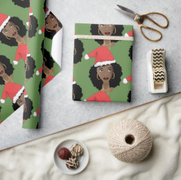 Papier Cadeau Chapeau rouge Noël, Femme noire, Vert