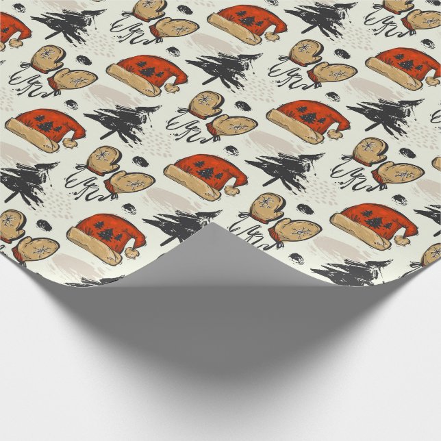 Papier Cadeau Chapeaux de Santa, Mittens et Trees (Coin)