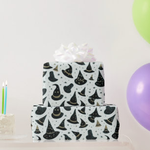 Papier Cadeau Chapeaux de sorcière noirs et dorés Étoiles Vert H