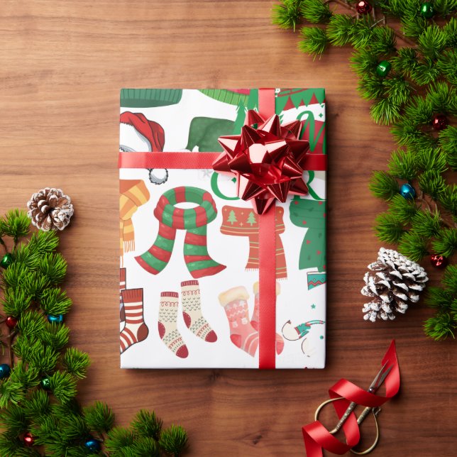 Papier Cadeau Chapeaux Écharpes & Chaussettes de Noël blancs et  (Cadeau de vacances)
