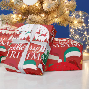 Papier Cadeau Chapeaux écharpes et chaussettes de Noël rouges mi