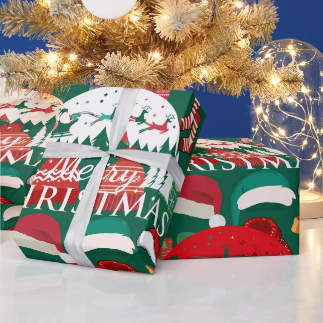 Papier Cadeau Chapeaux, écharpes et chaussettes de Noël verts et (Vacances)