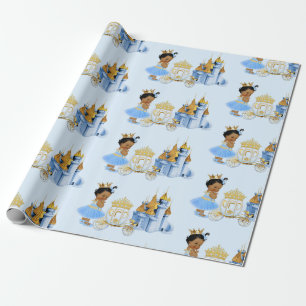 Papier Cadeau Chariot de château de princesse royale bleu or fil