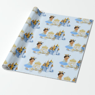 Papier Cadeau Chariot de Château de Princesse Royale Bleu Or Fil