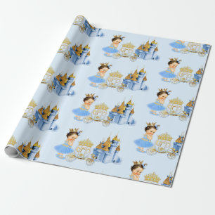 Papier Cadeau Chariot de Château de Princesse Royale Bleu Or Fil