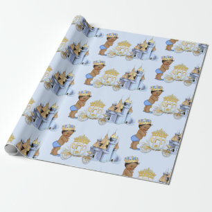 Papier Cadeau Chariot de château du prince royal bleu or garçon
