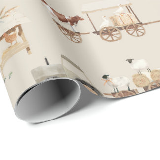 Papier Cadeau Chariot de ferme tracteur ferme maison Beige