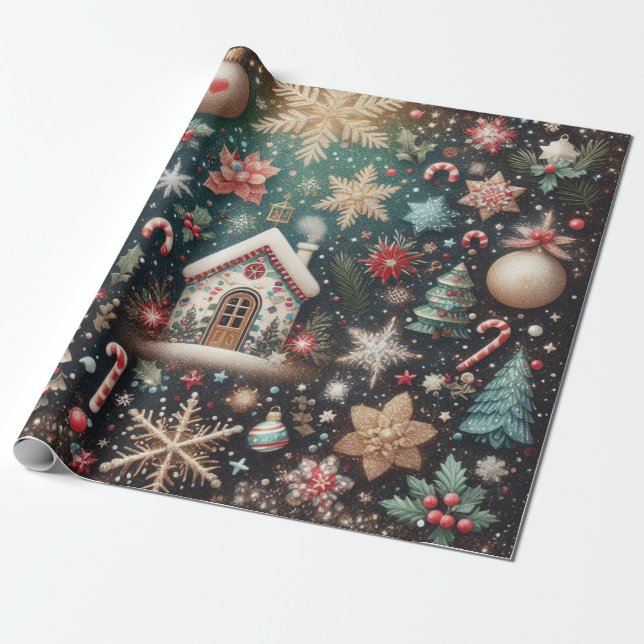 Papier Cadeau Charmant gîte Vintage de vacances Noël (Déroulé)