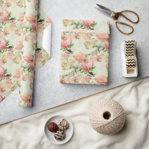 Papier Cadeau Charmant motif artistique de roses florales roses