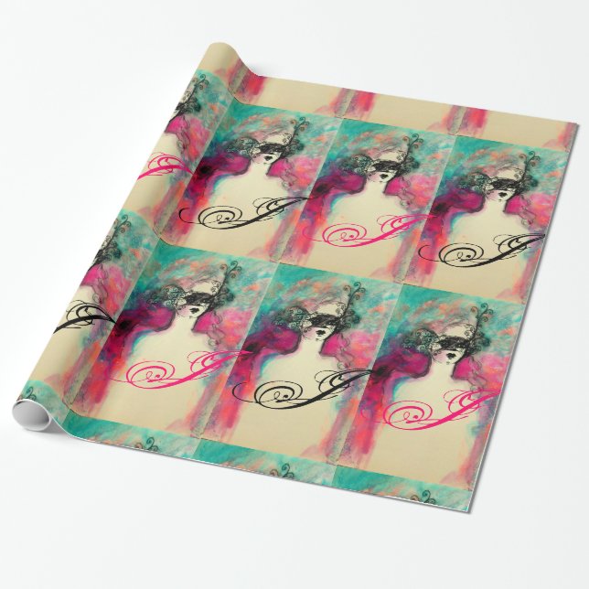 Papier Cadeau CHARME /Dame au Masque Monogramme rose Turquoise v (Déroulé)