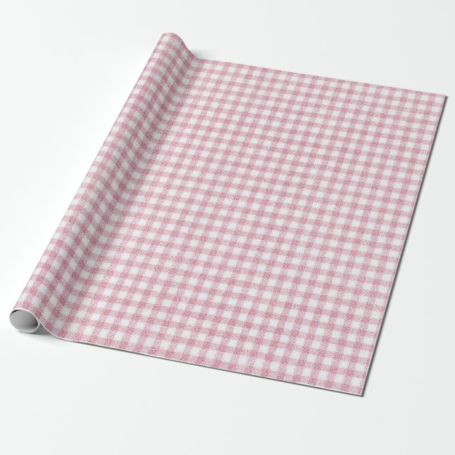 Papier Cadeau Charme Gingham Petit Rose et Blanc Velouté (Déroulé)