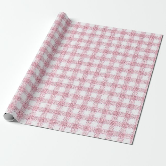 Papier Cadeau Charme Gingham Rose et Blanc Velouté (Déroulé)