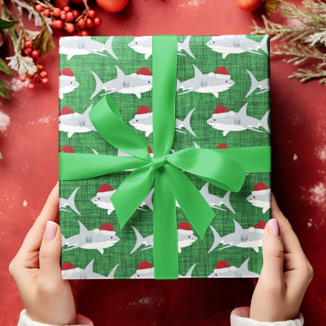 Papier Cadeau Charme vert requin Santa Hat Design (Shark Santa Green Fabric Look Background Wrapping Paper)