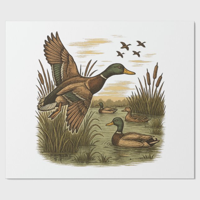 Papier Cadeau Chasse-Rétro-Vol-Caner-Colvert (Plat)
