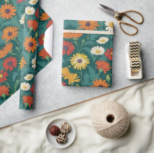 Papier Cadeau Chasseur de forêt Vert orange jaune blanc margueri