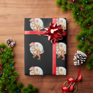 Papier Cadeau Chat à cheval sur un dinosaure T Rex Lune Noël Xma