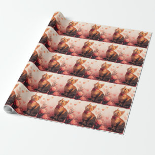 Papier Cadeau Chat Abyssin avec des Roses - Saint-Valentin