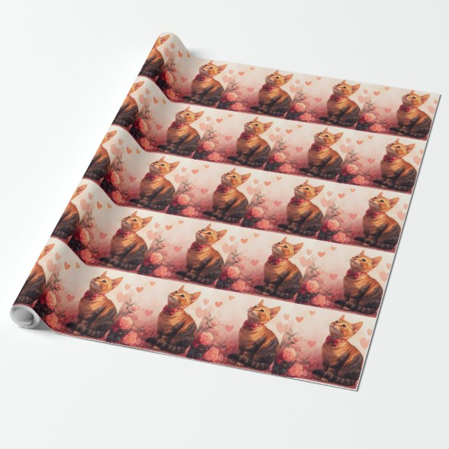 Papier Cadeau Chat Abyssin avec des Roses - Saint-Valentin (Déroulé)