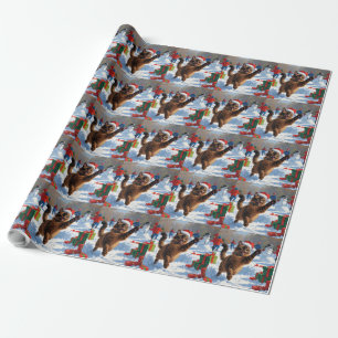 Papier Cadeau Chat abyssin Scène de Noël enneigée festive