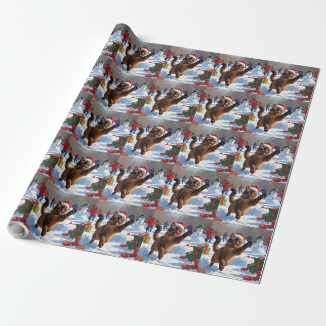 Papier Cadeau Chat abyssin Scène de Noël enneigée festive (Déroulé)