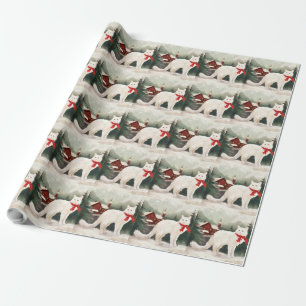 Papier Cadeau Chat angora turc à Noël sous la neige