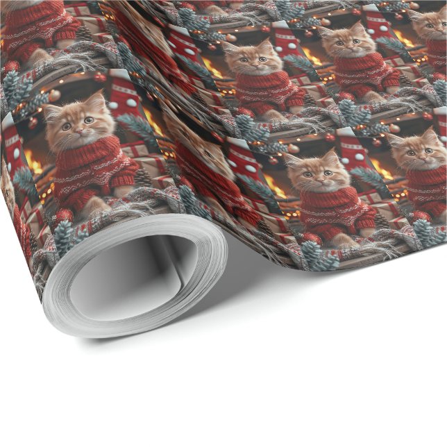 Papier Cadeau Chat angora turc avec cheminée de cadeaux de Noël  (Coin rond)